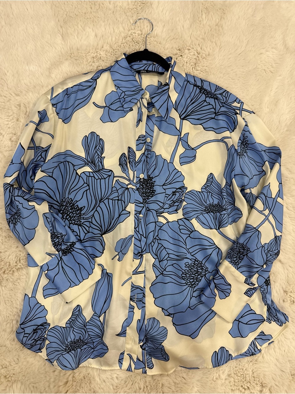 White Button-Up Blouse with Blue Floral Print